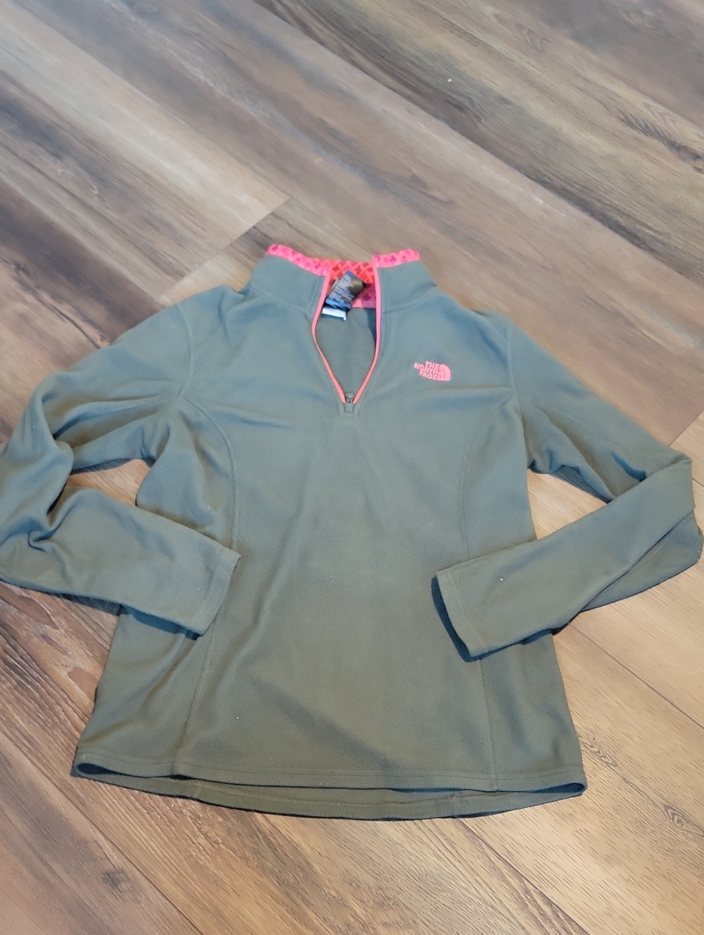 The North Face Olive Green Quarter-Zip Fleece with Pink Trim